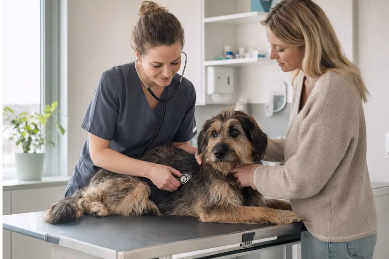 Ein ruhiger Barak Hund wird von einer freundlichen Tierärztin in einer modernen Tierarztpraxis mit einem Stethoskop untersucht.