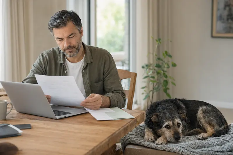 Entspannter Barak Hund liegt neben einem Besitzer mit Tierarztrechnung in heller Wohnung.
