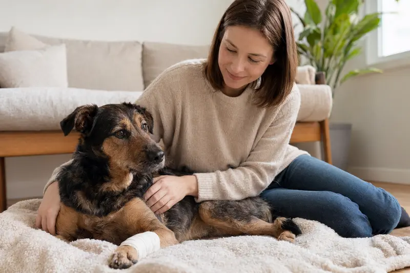 Ein Barak Hund mit leichtem Verband an der Pfote liegt auf einer Decke, während sein Besitzer neben ihm sitzt und erleichtert wirkt.
