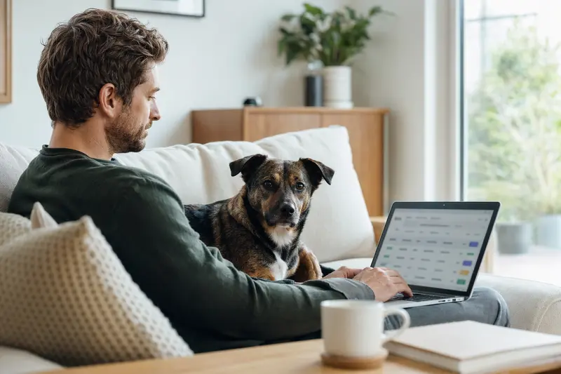 Ein Hundebesitzer sitzt entspannend auf dem Sofa mit einem Laptop, während sein Barak Hund daneben liegt und eine neutrale Versicherungsvergleichs-Oberfläche auf dem Bildschirm unscharf angezeigt wird.