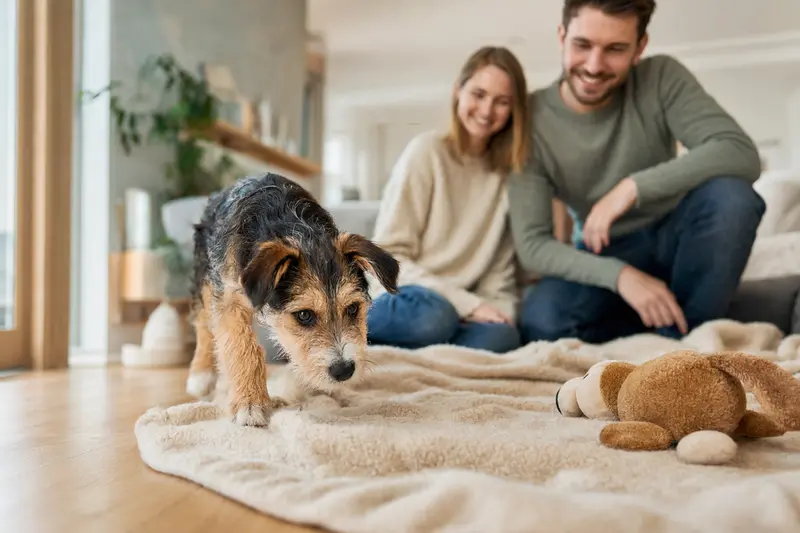 Ein junger Barak Welpe erkundet neugierig seine neue Umgebung, umgeben von einer liebevollen Familie.