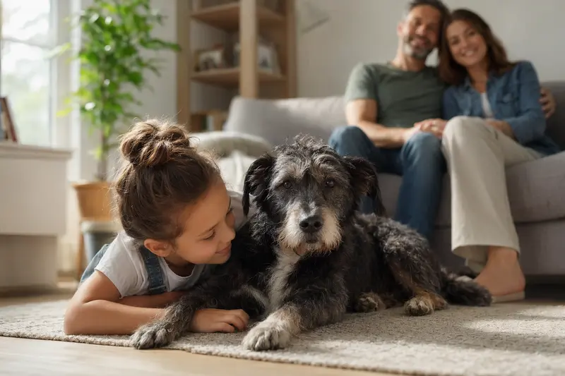 Ein freundlicher Barb Hund liegt entspannt neben einem Kind im Wohnzimmer und sorgt für eine warme Familienatmosphäre.