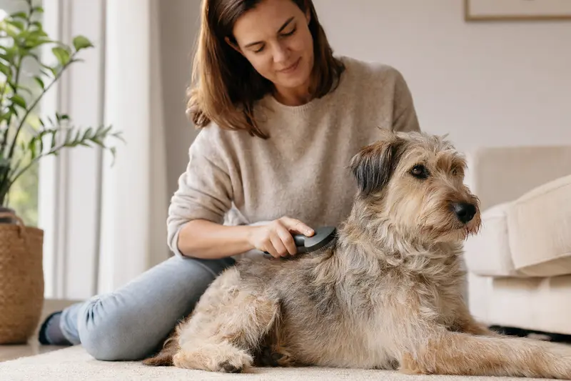 Ein Barb Hund wird liebevoll zu Hause gebürstet, was die Bedeutung der Fellpflege für die Gesundheit des Tieres betont.