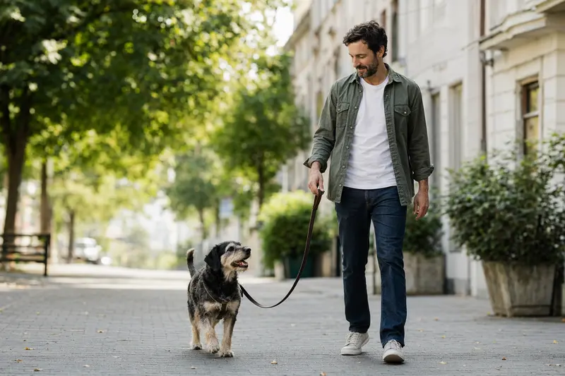Ein Barb Hund läuft entspannt an der Leine mit seinem Besitzer durch eine moderne Stadtstraße.