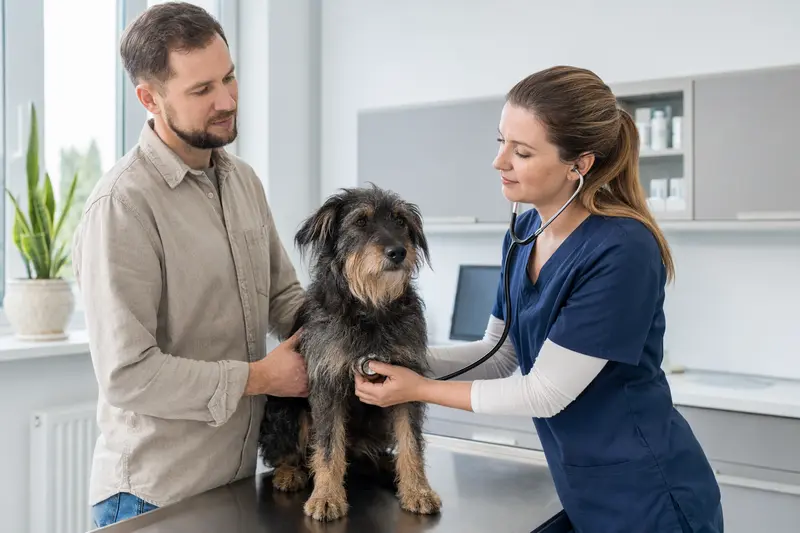Ein ruhiger Barb Hund wird von einer Tierärztin mit einem Stethoskop in einer modernen Praxis untersucht, während sein Besitzer beruhigend daneben steht.