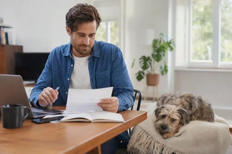Ein entspannter Barb Hund liegt neben einer Tierarztrechnung auf einem Tisch in einer hellen Wohnung.