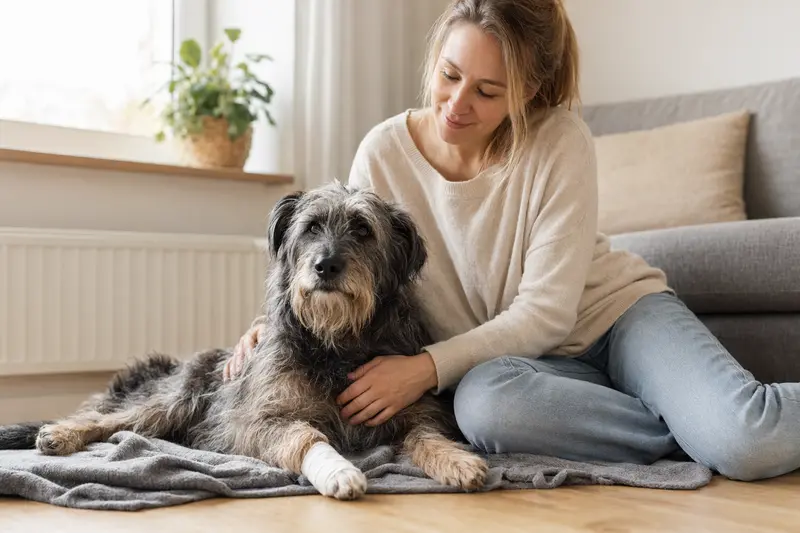 Ein Barb Hund mit leichtem Verband an der Pfote liegt ruhig auf einer Decke, während sein besorgter Besitzer neben ihm sitzt.