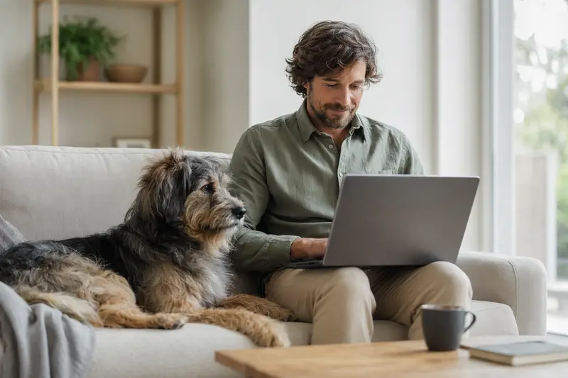 Hundebesitzer arbeitet mit Laptop auf dem Sofa neben seinem Barb Hund und vergleicht Versicherungen.