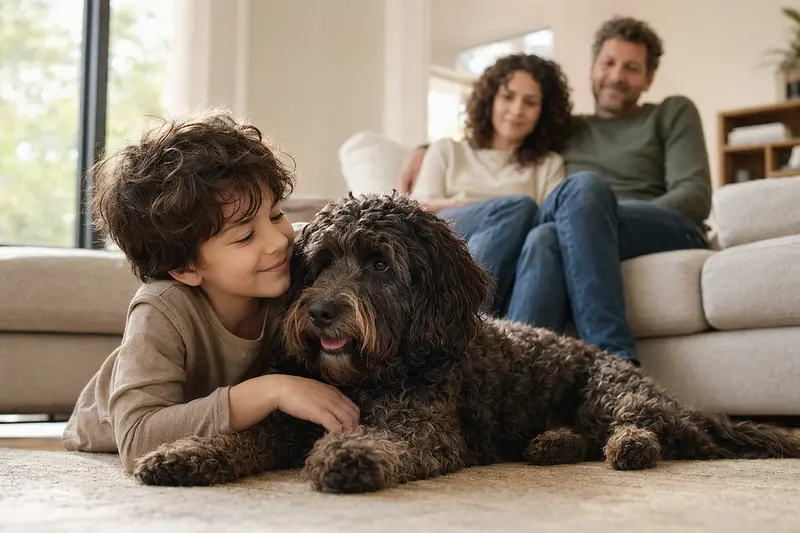 Ein Barbet Hund entspannt neben einem Kind im gemütlichen Wohnzimmer seiner Familie.
