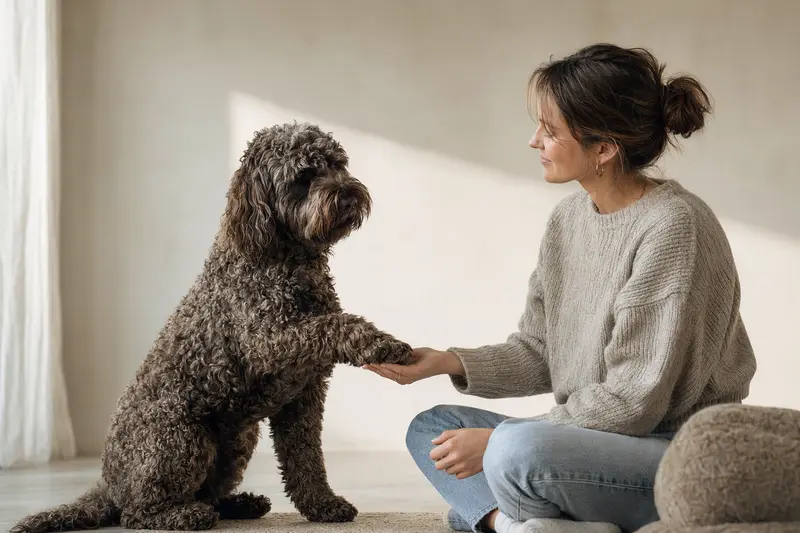 Ein Barbet Hund steht aufmerksam vor einem hellen Hintergrund und zeigt seine charakteristische Körperform und Fellstruktur.