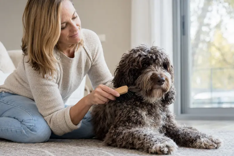 Ein Barbet Hund wird liebevoll von seinem Besitzer in einer hellen Wohnung gebürstet, was die Bedeutung der Fellpflege für die Gesundheit unterstreicht.