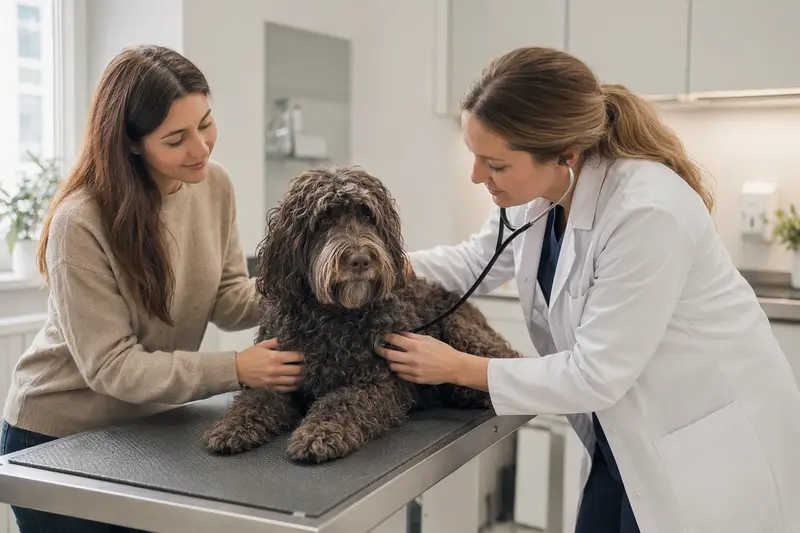 Ein Barbet Hund wird von einer freundlichen Tierärztin behutsam mit einem Stethoskop untersucht, während der Besitzer beruhigend daneben steht.
