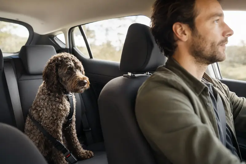 Ein Barbet Hund ist sicher im Auto angeschnallt, während sein Besitzer ruhig fährt und das Sonnenlicht durch das Fenster scheint.