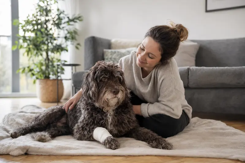 Ein entspannter Barbet Hund mit Verband an der Pfote liegt neben seinem erleichterten Besitzer in einer hellen Wohnung.