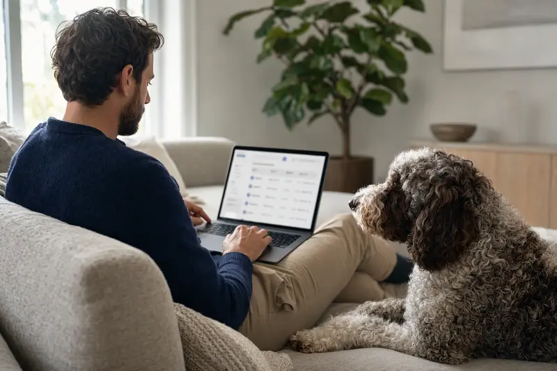 Ein Hundebesitzer sitzt mit Laptop auf dem Sofa, während ein Barbet Hund neben ihm liegt und eine neutrale Versicherungsvergleichs-Oberfläche angezeigt wird.