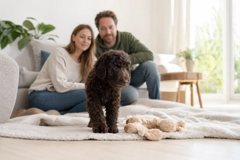 Ein neugieriger Barbet Welpe erkundet sein neues Zuhause mit liebevoller Familie im Hintergrund.
