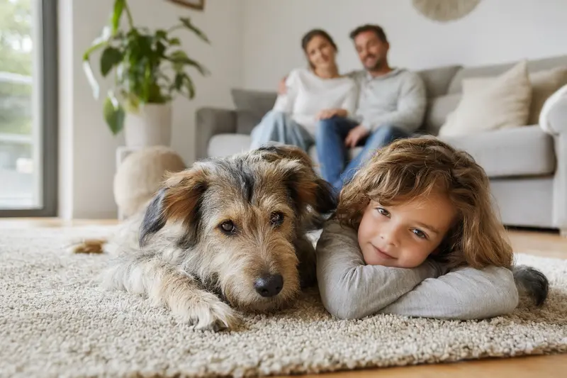 Ein entspannter Bardino Hund liegt neben einem Kind im Wohnzimmer und genießt die familiäre Atmosphäre.