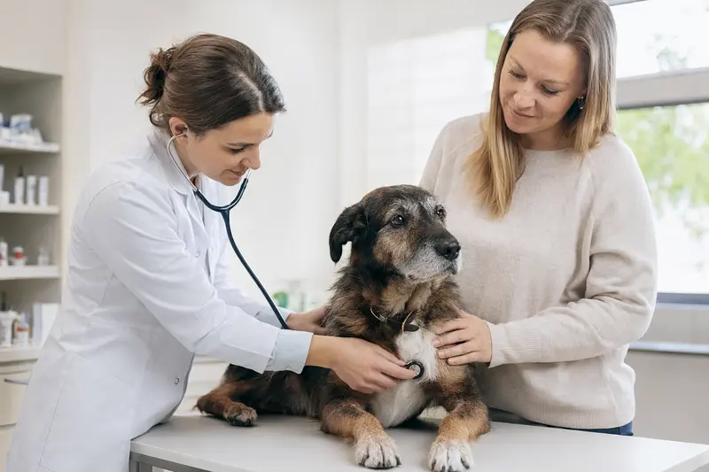 Ein ruhiger Bardino Hund wird von einer freundlichen Tierärztin während einer Untersuchung mit einem Stethoskop auf einem Untersuchungstisch in einer modernen Tierarztpraxis behutsam betreut.