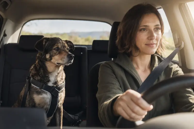 Ein Bardino Hund sitzt sicher angeschnallt auf der Rückbank eines Autos und genießt das Sonnenlicht.