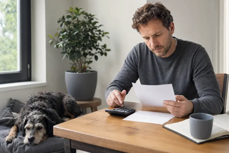 Ein entspannter Bardino Hund liegt neben einer Tierarztrechnung auf einem Tisch in einer hellen Wohnung, während sein Besitzer ruhig die Situation betrachtet.
