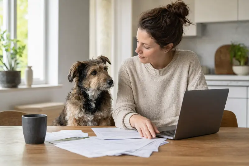 Ein Bardino Hund sitzt ruhig neben seinem Besitzer an einem Küchentisch mit Versicherungsunterlagen und einem Laptop.