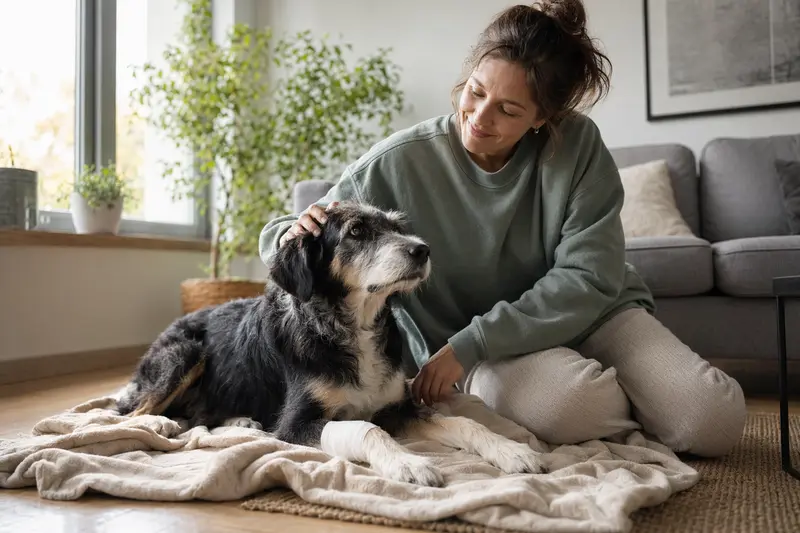 Ein Bardino Hund mit Verband an einer Pfote liegt entspannt neben seinem erleichterten Besitzer auf einer Decke.