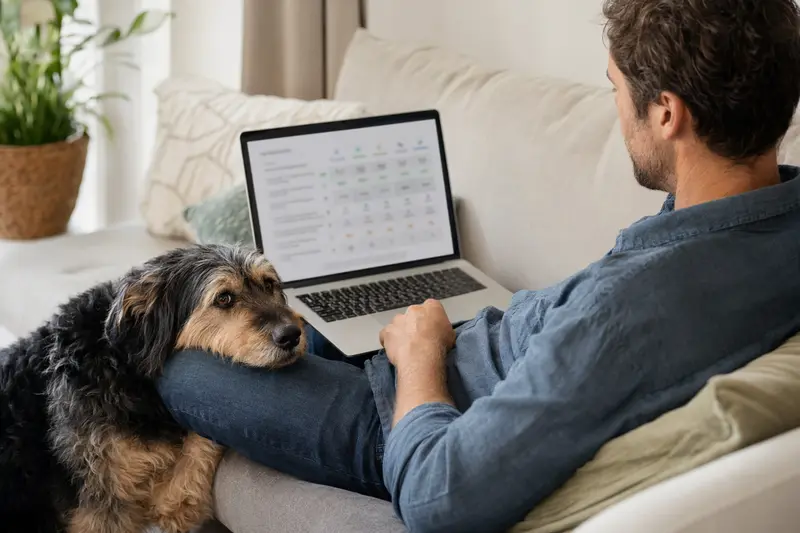 Ein Hundehalter sitzt mit Laptop auf dem Sofa, neben ihm ein Bardino-Hund, während er einen neutralen Versicherungsvergleich betrachtet.