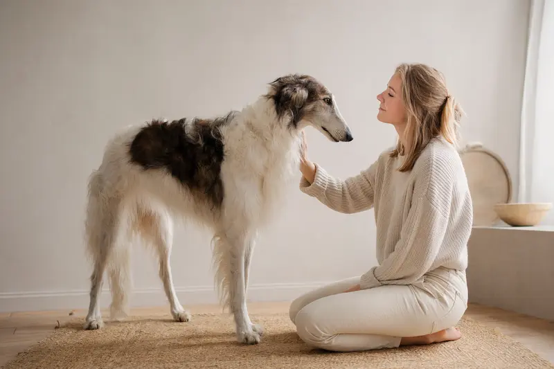 Ein Barsoi Hund mit aufmerksamem Blick vor neutralem Hintergrund, ideal für Ratgeber zu Tiergesundheit.