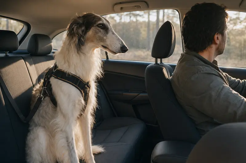 Ein Barsoi Hund sicher angeschnallt auf der Rückbank eines Autos, während der Besitzer fährt.