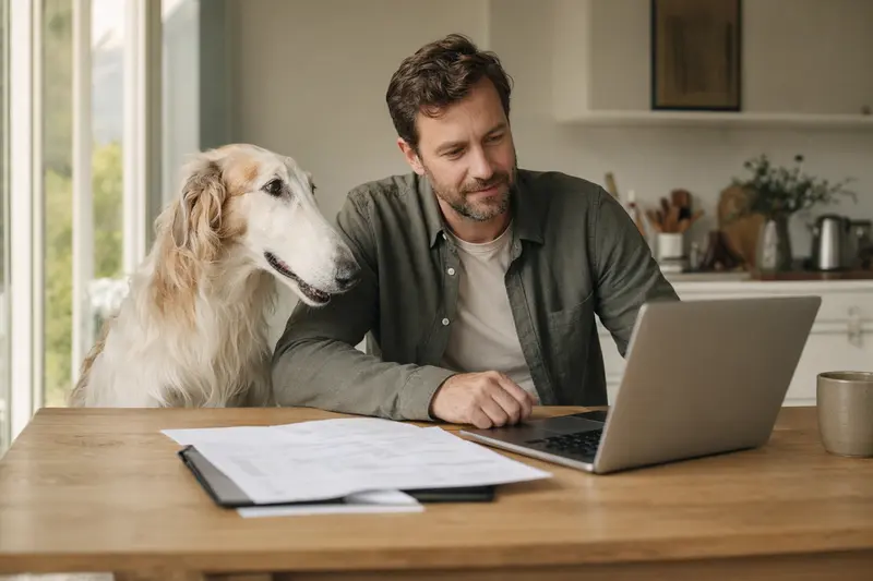 Ein Barsoi Hund sitzt neben seinem Besitzer am Küchentisch, auf dem Versicherungsunterlagen und ein Laptop liegen.