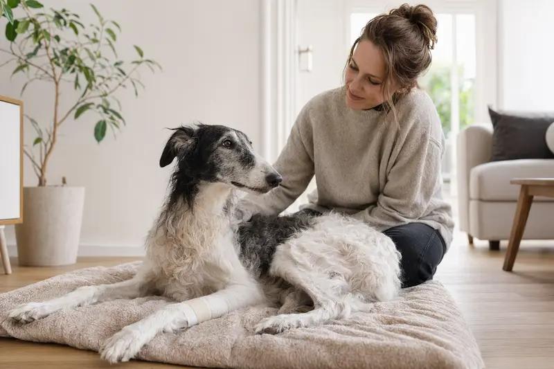 Ein Barsoi Hund mit einem leichten Verband an der Pfote liegt entspannt auf einer Decke, während sein Erleichterter Besitzer neben ihm sitzt.