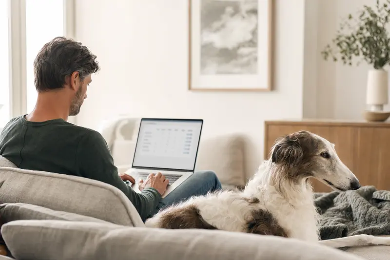 Ein Hundebesitzer sitzt mit einem Laptop auf dem Sofa, während neben ihm ein Barsoi Hund liegt; auf dem Bildschirm ist eine neutrale Versicherungsvergleichs-Oberfläche zu sehen.