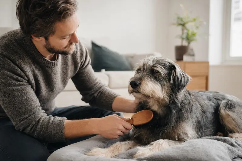 Ein Barzaia Hund wird liebevoll zuhause gebürstet, während der Besitzer auf die Fellpflege achtet.