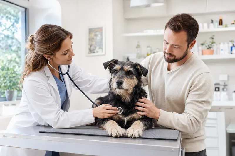 Ein Barzaia Hund wird von einer freundlichen Tierärztin auf einem Untersuchungstisch in einer modernen Tierarztpraxis untersucht.
