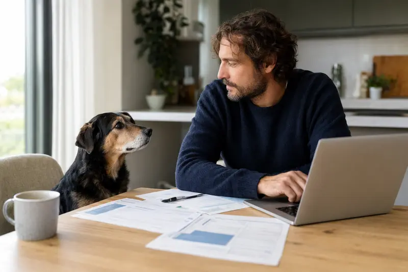 Ein Barzaia Hund sitzt ruhig neben seinem Eigentümer am Küchentisch mit Versicherungsunterlagen und einem Laptop.