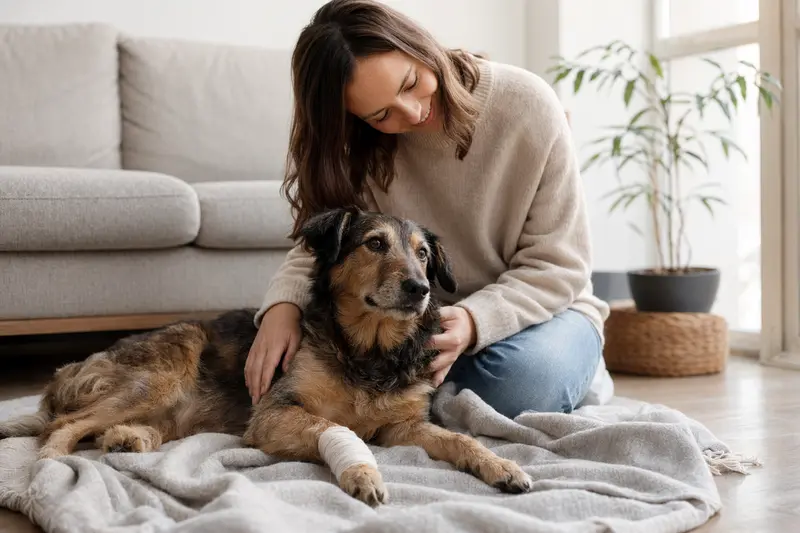 Ein Barzaia Hund mit leichtem Verband an der Pfote liegt entspannt auf einer Decke neben seinem erleichterten Besitzer in einer hellen Wohnung.