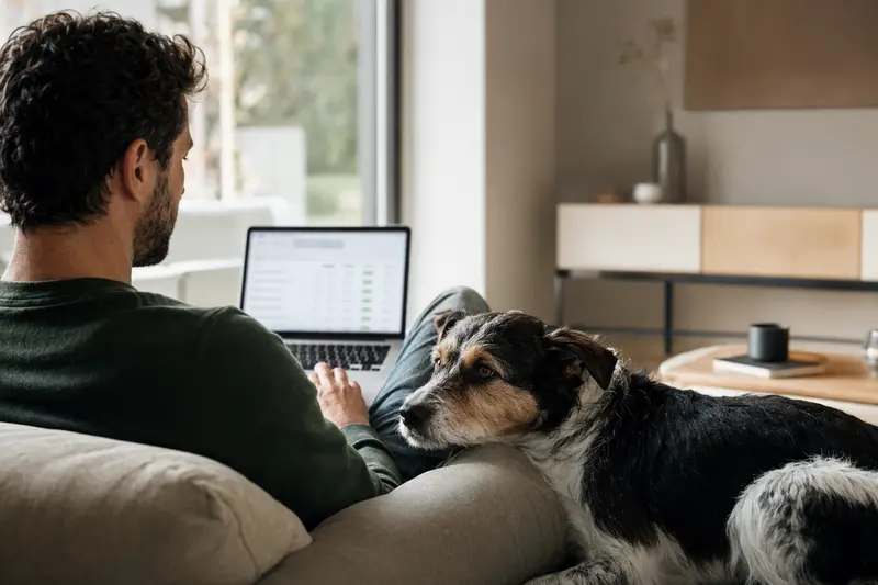 Ein Hundebesitzer sitzt entspannt auf dem Sofa mit einem Laptop, während sein Barzaia Hund an seiner Seite liegt.