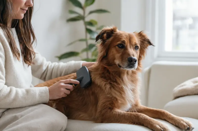 Ein Bas-Rouge Hund wird liebevoll zuhause gebürstet, um seine Gesundheit und Fellpflege zu fördern.