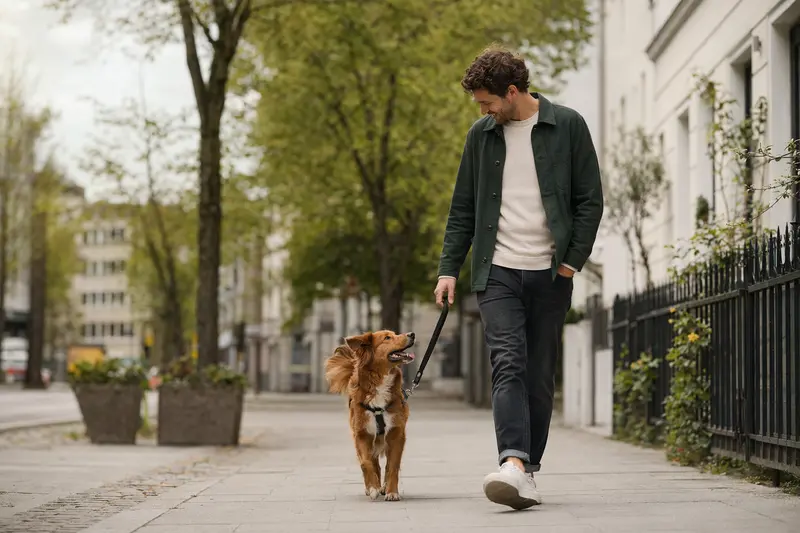 Ein Bas-Rouge Hund läuft an der Leine mit seinem Besitzer durch eine moderne Stadtstraße und genießt den entspannten Alltag.