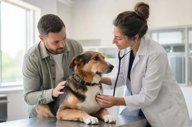 Ein freundlicher Bas-Rouge Hund wird von einer Tierärztin in einer modernen Tierarztpraxis mit einem Stethoskop untersucht, während der Besitzer beruhigend daneben steht.
