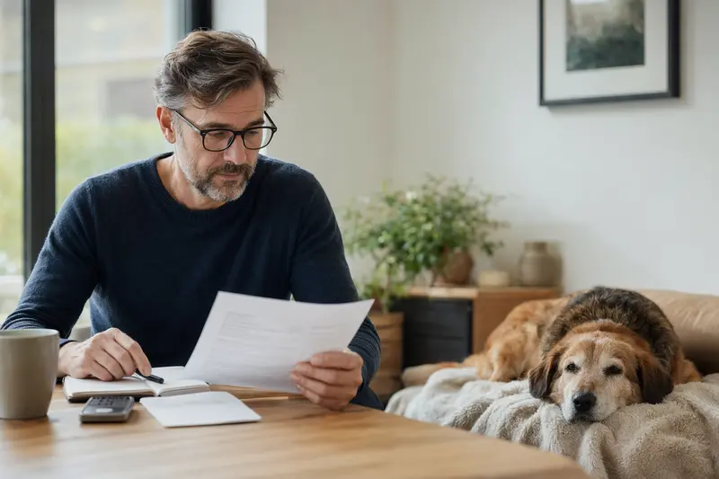 Ein entspannter Bas-Rouge Hund liegt auf einer Decke, während der Besitzer am Tisch eine Tierarztrechnung betrachtet.