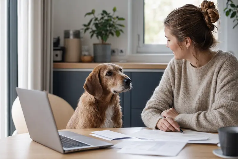 Ein Bas-Rouge Hund sitzt entspannt neben seinem Besitzer am Küchentisch, auf dem Versicherungsunterlagen und ein Laptop liegen.