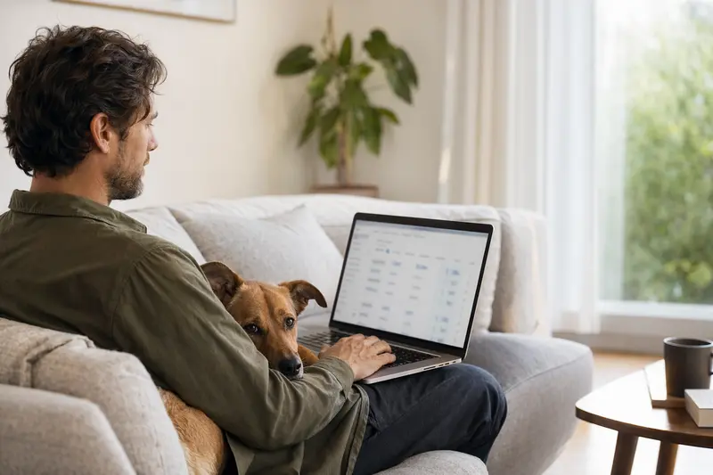 Ein Hundebesitzer arbeitet am Laptop auf dem Sofa, während ein Bas-Rouge Hund daneben sitzt, umgeben von einer gemütlichen Wohnung.