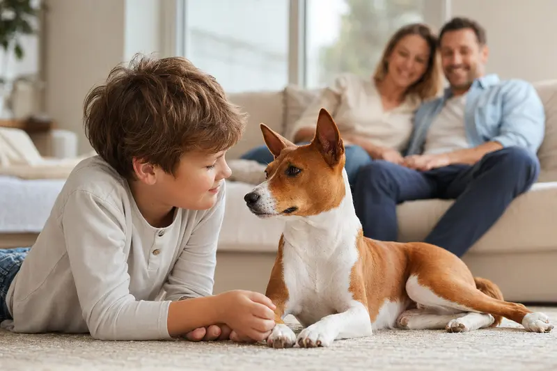 Ein freundlicher Basenji Hund entspannt neben einem Kind im Wohnzimmer.