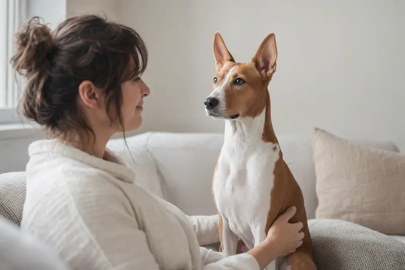 Ein schöner Basenji Hund steht aufmerksam vor einem hellen Hintergrund.