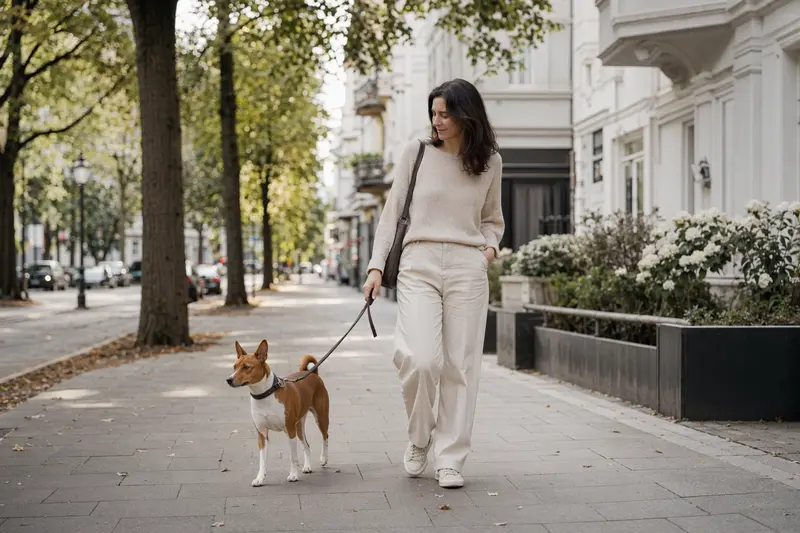 Ein Basenji Hund geht mit seinem Besitzer entspannt an der Leine während eines Stadtspaziergangs.