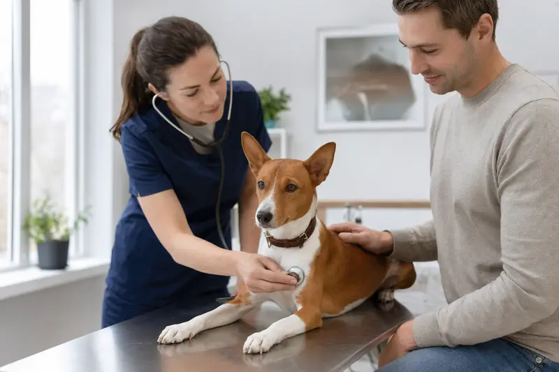 Ein entspannter Basenji Hund wird von einer freundlichen Tierärztin mit einem Stethoskop in einer modernen Tierarztpraxis untersucht.