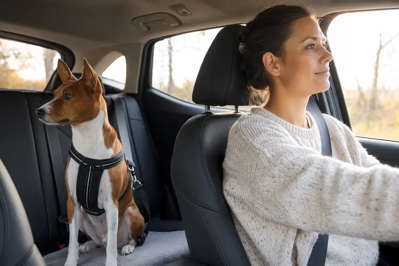 Ein Basenji Hund sitzt sicher und angeschnallt auf der Rückbank eines Autos, während sein Besitzer fährt.