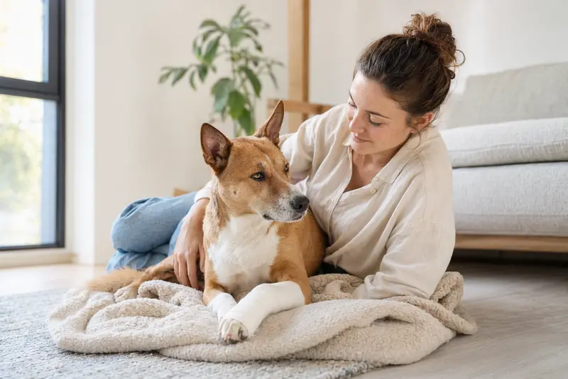 Ein Basenji Hund mit Verband an der Pfote liegt ruhig auf einer Decke, während sein erleichterter Besitzer neben ihm sitzt.