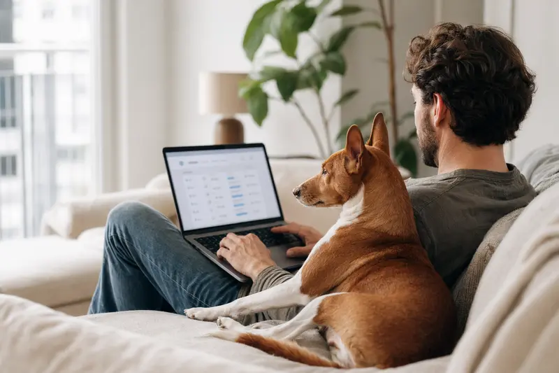 Ein Besitzer sitzt mit einem Laptop auf dem Sofa und hat seinen Basenji Hund daneben, während er eine neutrale Versicherungsvergleichsseite betrachtet.